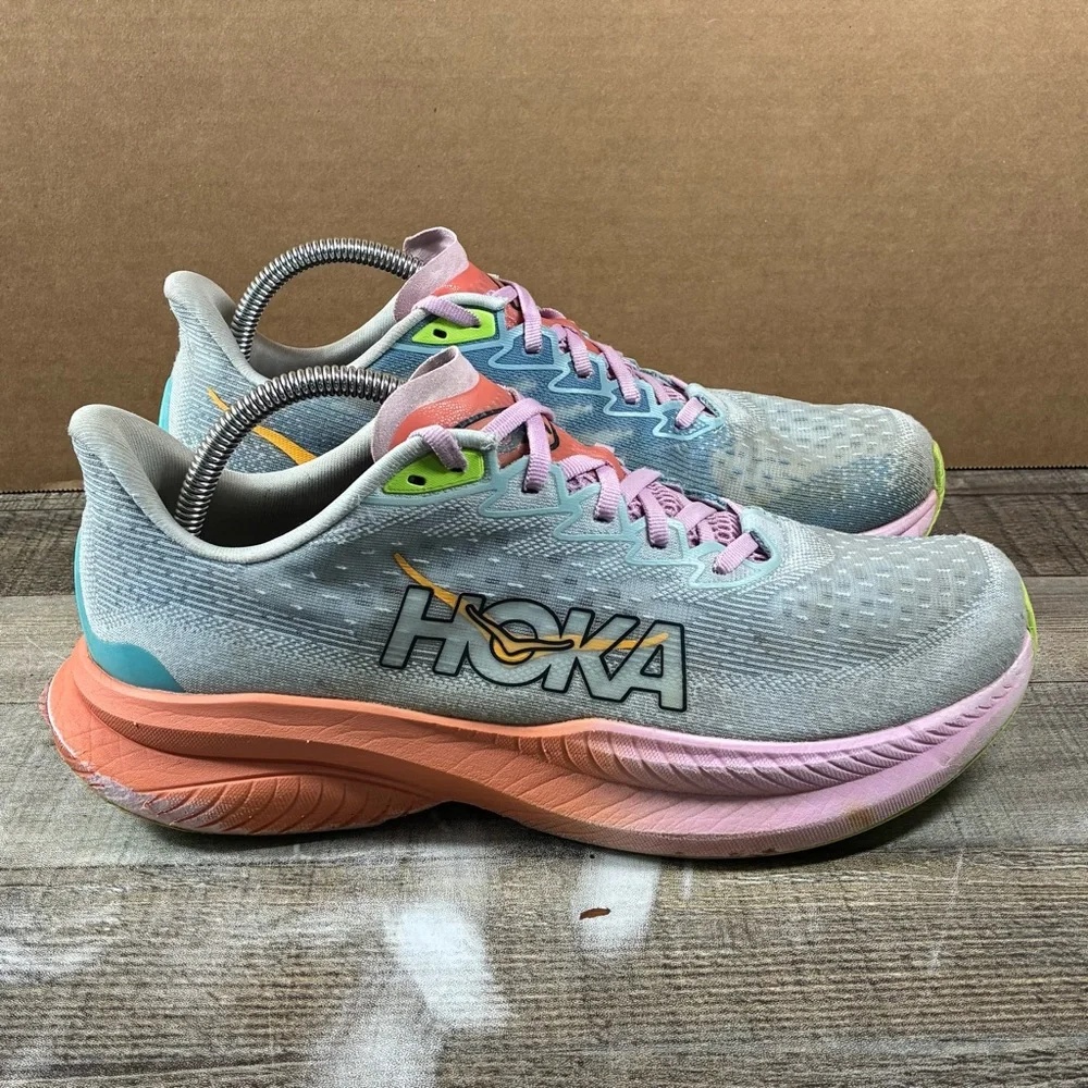 Hoka One One Mach 6 Running Shoes Women’s Size 10.5B Blue Pink Orange Sneakers - Picture 4 of 11